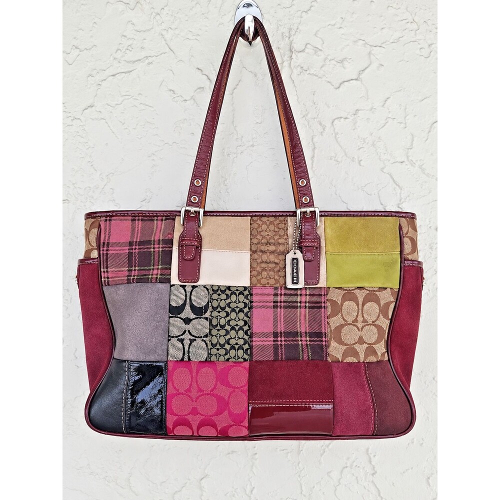 Coach 2004 Holiday Patchwork East West Tote 1437 Suede Leather Burgundy Womens